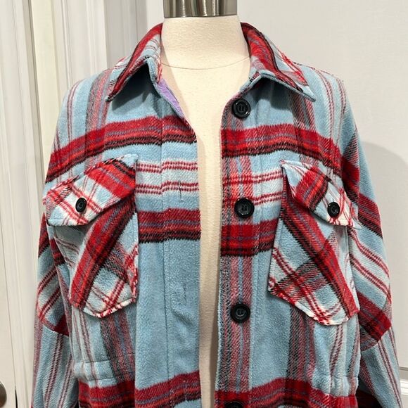 Free People We the Free Down for You plaid Shirt Jacket Fleece Size Medium Blue - Picture 4 of 15